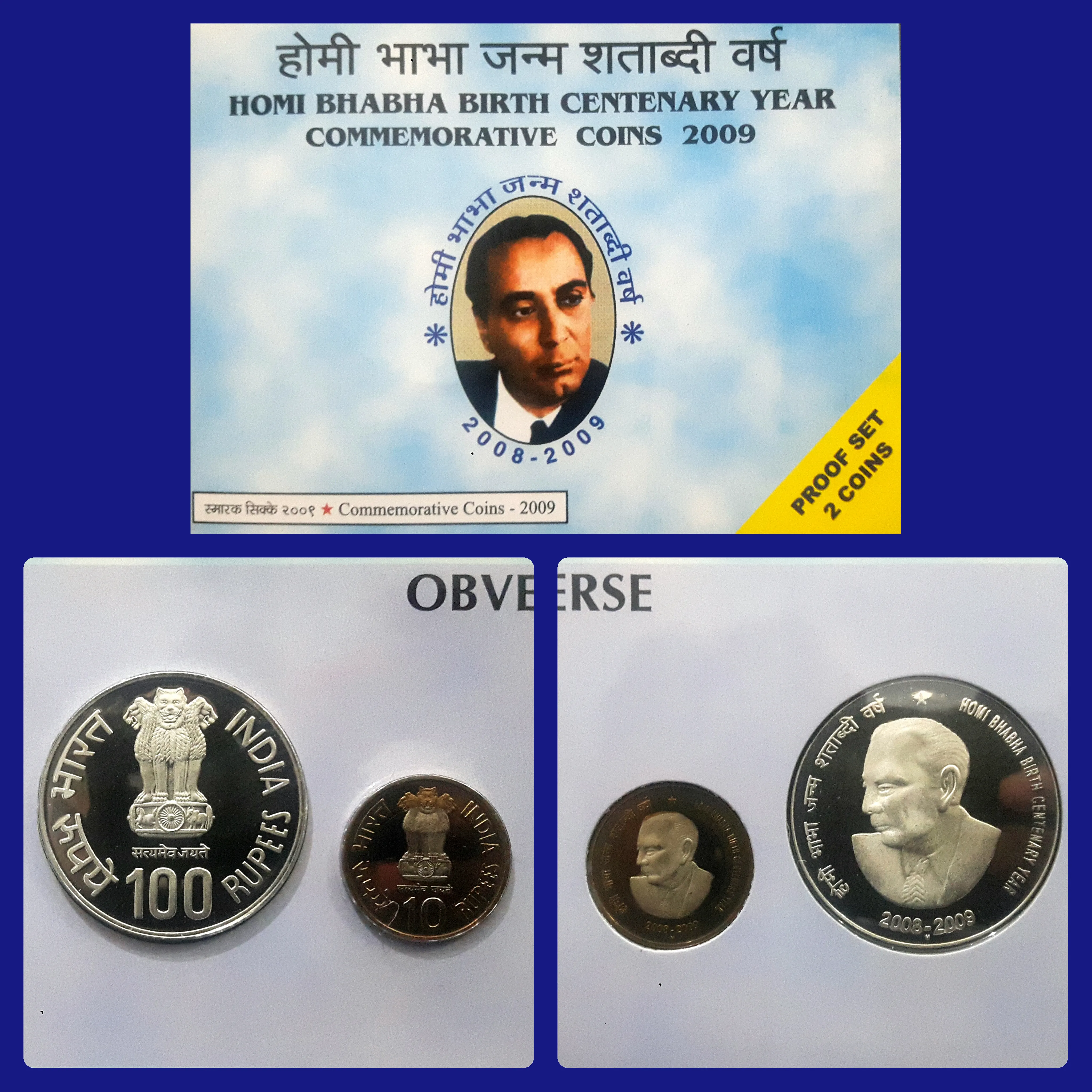 2009 homi bhabha 2 coin proof set mumbai mint