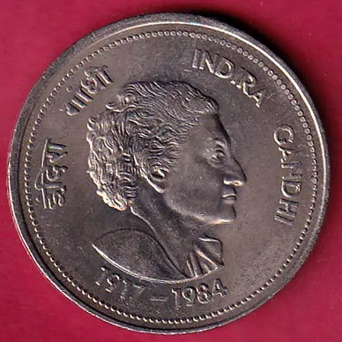 REPUBLIC INDIA 1917  1984  BOMBAY MINT INDIRA GANDHI FIVE RUPEE COIN SK 1092