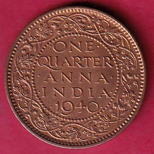 BRITISH INDIA 1940 GEORGE VI KING EMPEROR ONE QUARTER ANNA COIN SK 1093