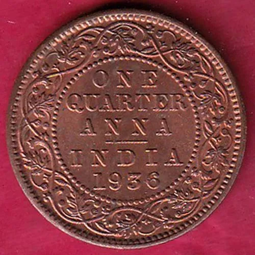 BRITISH INDIA 1936 GEORGE V KING EMPEROR ONE QUARTER ANNA COIN SK 1095