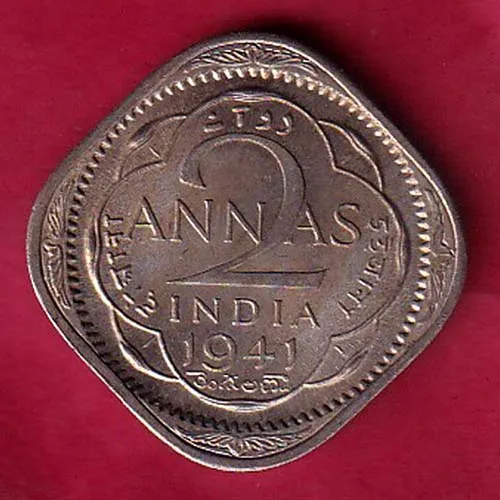 BRITISH INDIA 1941 GEORGE VI KING EMPEROR TWO ANNAS COIN SK 1096