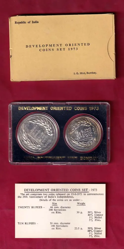 development oriented coin set 26 anniversary of indias independence 1973 india government mint bombay grow more food 10 rupeeand 20 rupee coin sk 1456