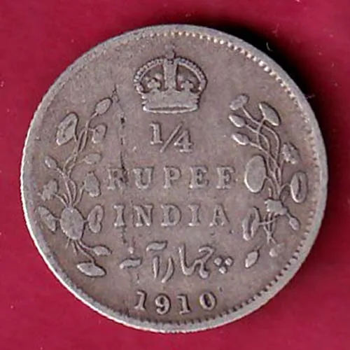 BRITISH INDIA 1910 EDWARD VII KING EMPEROR QUARTER RUPEE SILVER COIN SK 1459