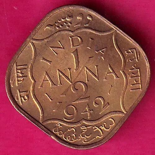 British India 1942 George VI Half Anna Rare Coin HSK 69