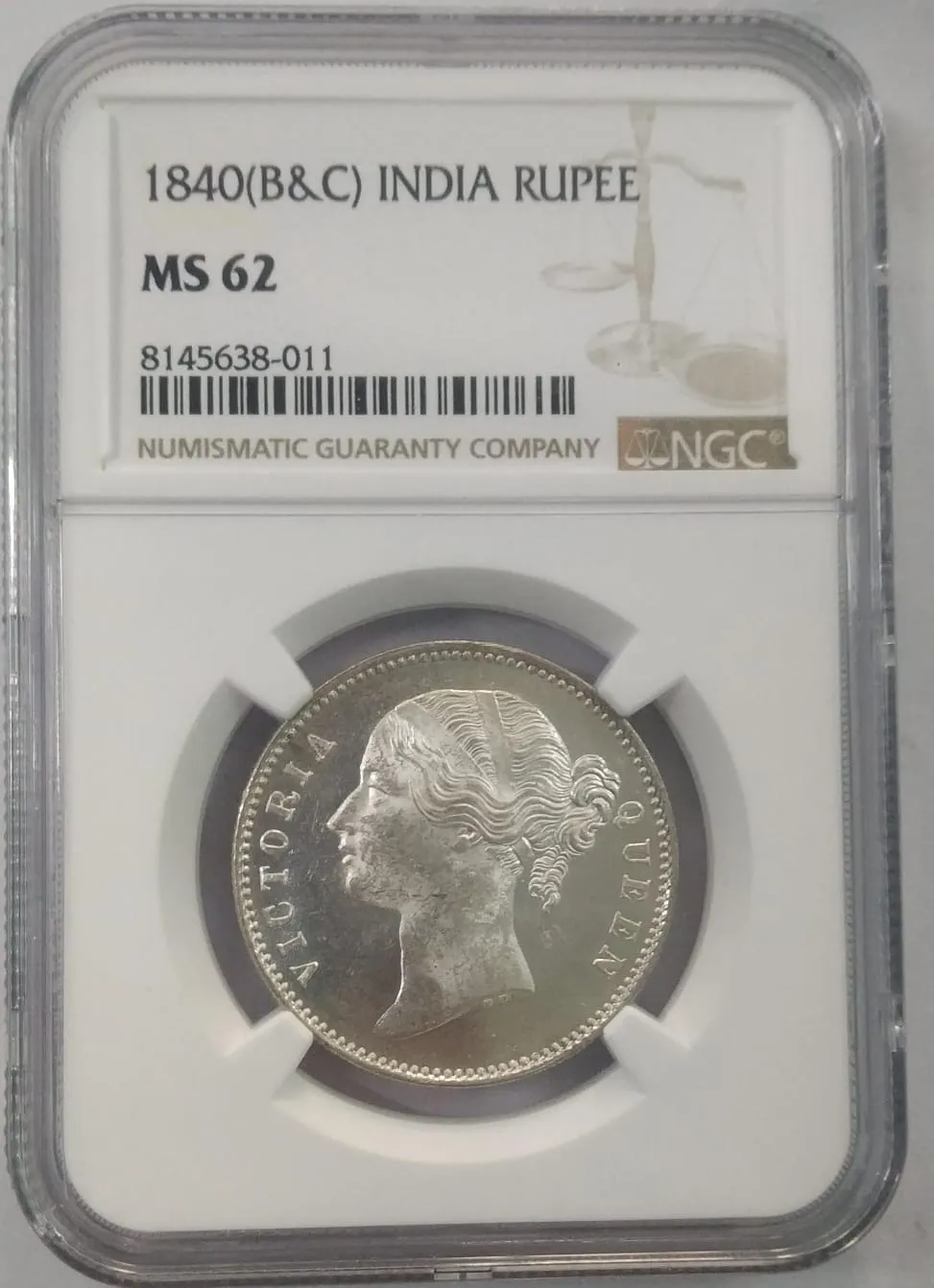 NGC EAST INDIA COMPANY 1840  BC MS 62 RARE 8145638 011 DIVIDED LEGENT ONE RUPEE SILVER COIN SK 1615