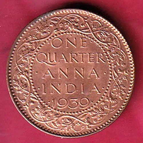 British India 1939 George VI King One Quarter Anna Copper Coin sk 1769