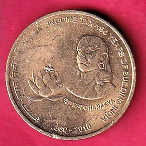 Republic India 1860 2010 Income tax  150 years of building India chanakya  5 rupee coin sk 1865