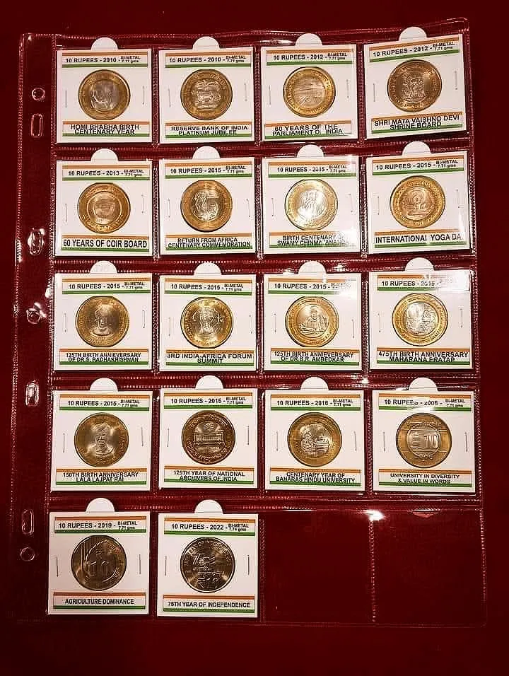 10 RUPEE COMMEMORATIVE ISSUE OR Definitive ISSUE 18 COINS SET WITH COIN HOLDER SHEET STICKER