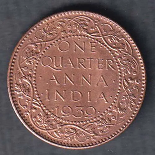 British India 1939 George VI King  One Qurter Anna Copper Coin sk1974