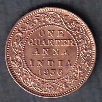 British India 1936 George V King One Quarter Anna Copper Coin sk 1992