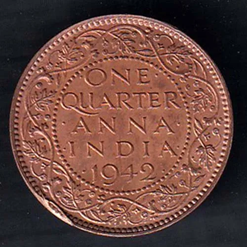 British India 1942 George VI King Emperor One Quarter Anna Copper Coin sk 2031