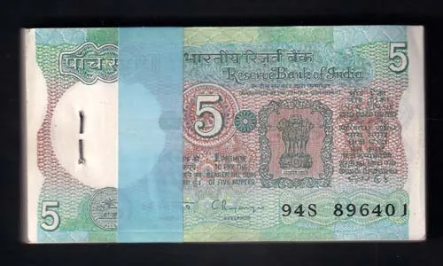 5 Rupee Note Bundle Republic India 94S 896401 C Rangarajan signed Bundle sk 2037