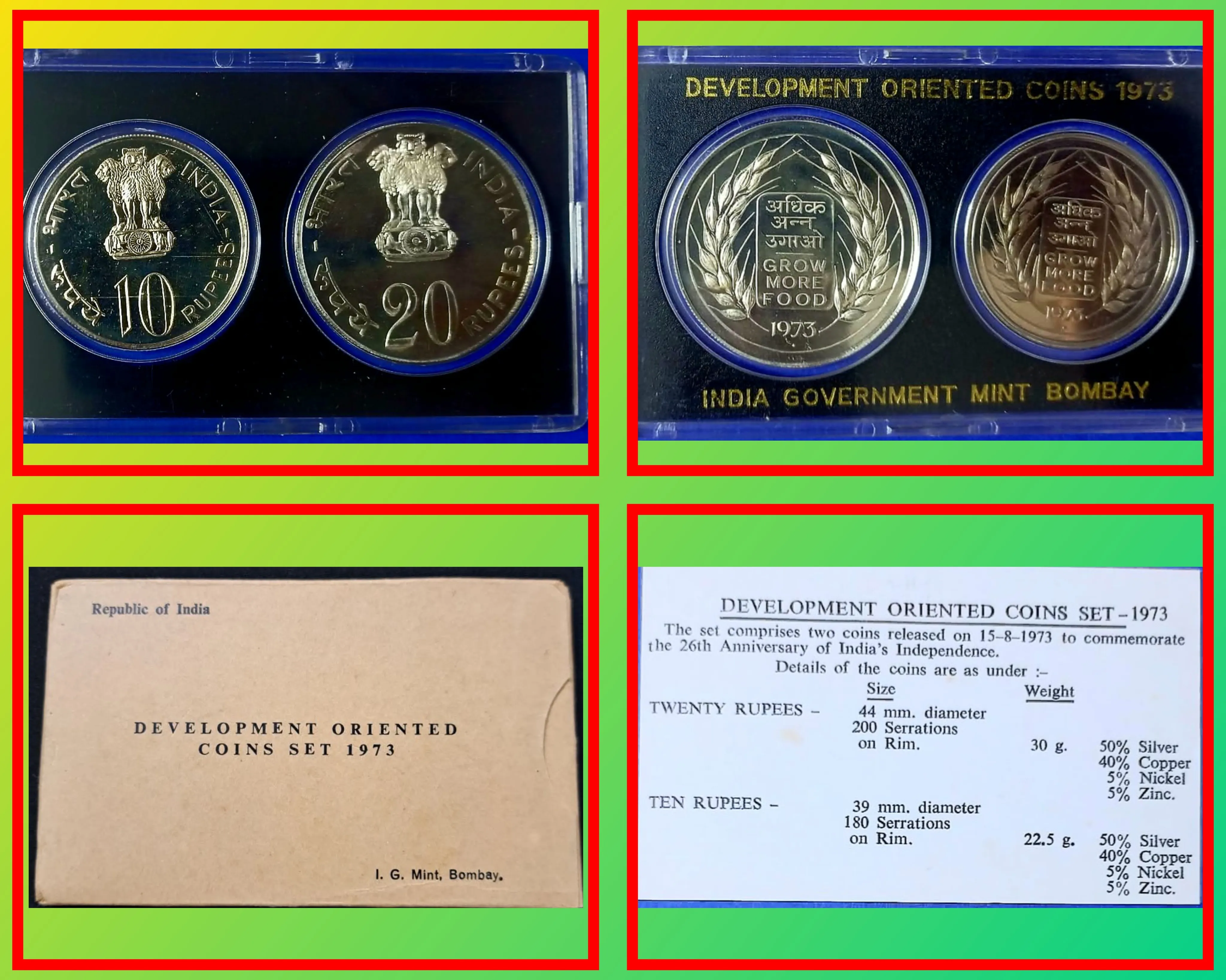 1973 grow more food 2 coins unc set mumbai mint