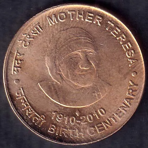 Republic India 1910 2010 Mother Teresa Birth Centenry 5 Rupee Coin HSK 129